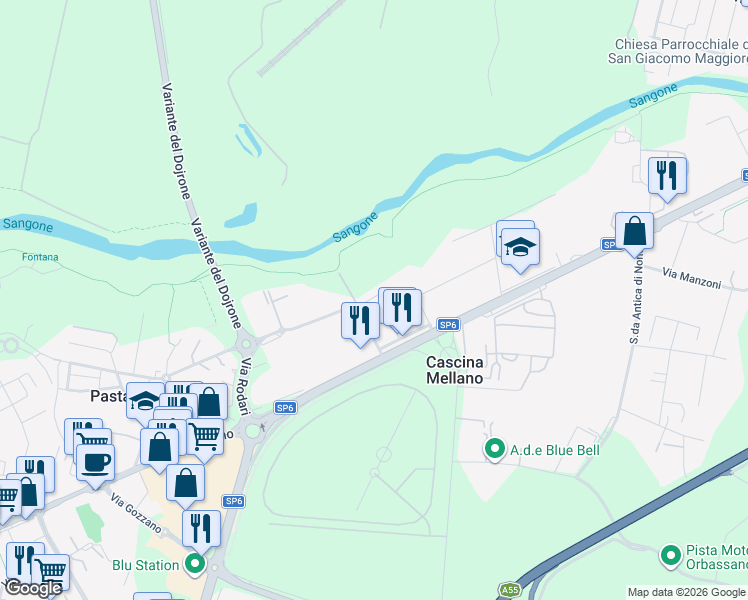 map of restaurants, bars, coffee shops, grocery stores, and more near 12 Via Don Pietro Giordano in Cascina Mellano