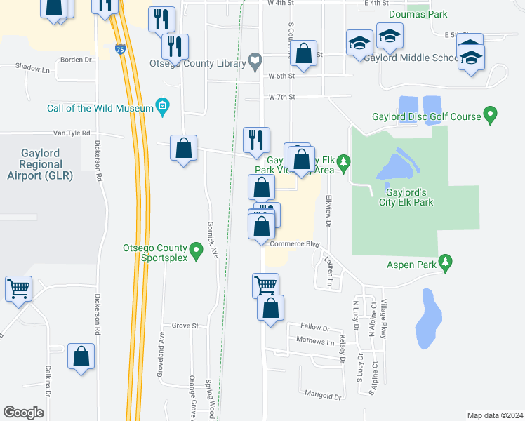map of restaurants, bars, coffee shops, grocery stores, and more near 1151 South Otsego Avenue in Gaylord