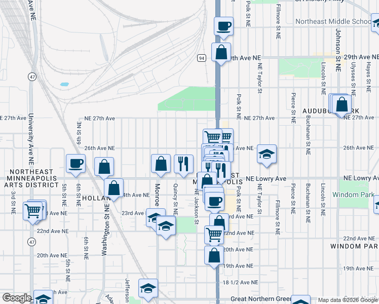 map of restaurants, bars, coffee shops, grocery stores, and more near 902 26th Avenue Northeast in Minneapolis