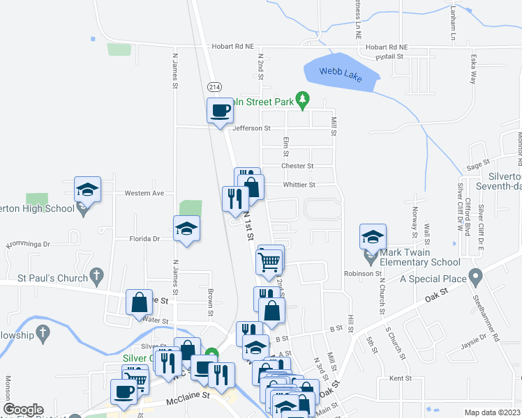map of restaurants, bars, coffee shops, grocery stores, and more near 1115 North 2nd Street in Silverton