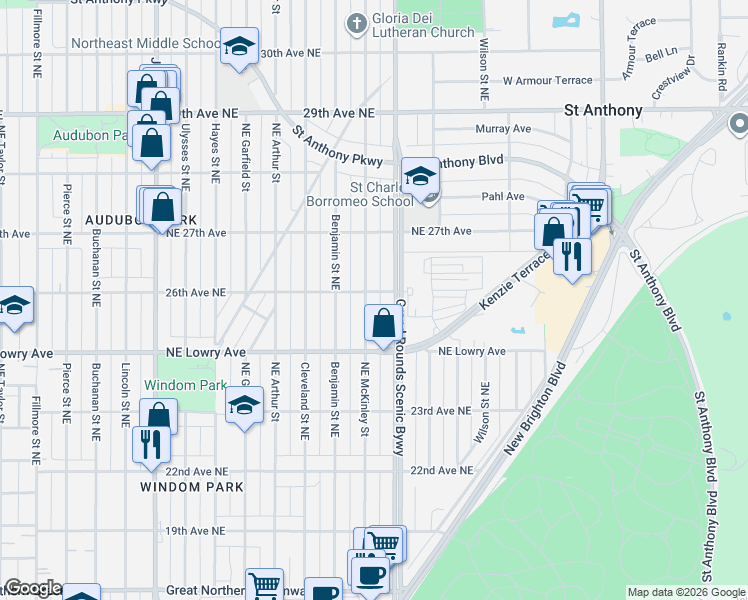 map of restaurants, bars, coffee shops, grocery stores, and more near in Minneapolis