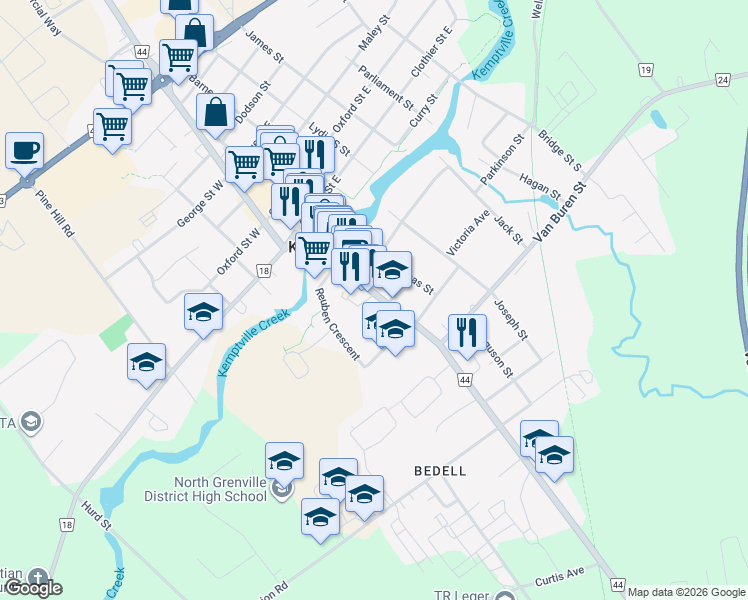 map of restaurants, bars, coffee shops, grocery stores, and more near 222 Prescott Street in Kemptville