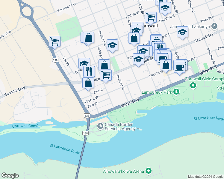 map of restaurants, bars, coffee shops, grocery stores, and more near 323 First Street West in Cornwall