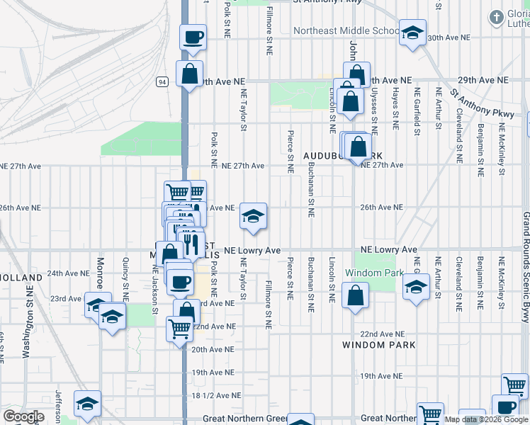 map of restaurants, bars, coffee shops, grocery stores, and more near 1113 26th Avenue Northeast in Minneapolis