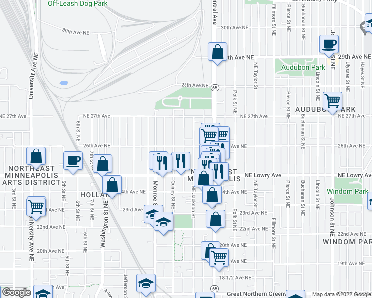 map of restaurants, bars, coffee shops, grocery stores, and more near 803 26th Avenue Northeast in Minneapolis