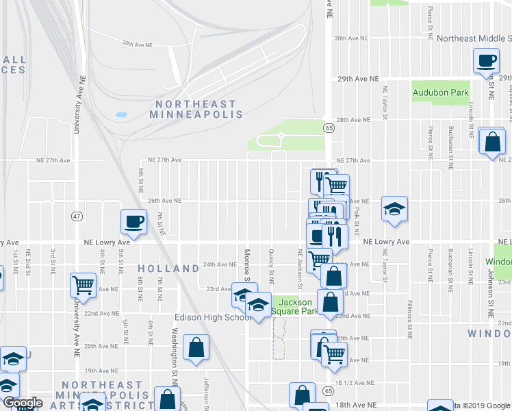 map of restaurants, bars, coffee shops, grocery stores, and more near 701 26th Avenue Northeast in Minneapolis