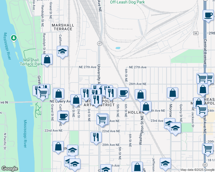 map of restaurants, bars, coffee shops, grocery stores, and more near 2601 4th Street Northeast in Minneapolis