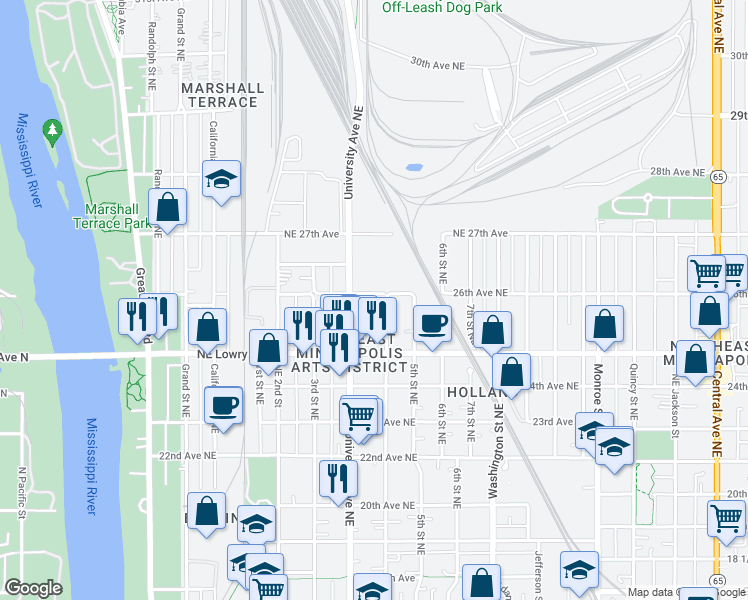 map of restaurants, bars, coffee shops, grocery stores, and more near 2601 4th Street Northeast in Minneapolis
