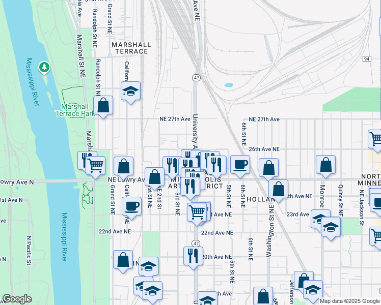map of restaurants, bars, coffee shops, grocery stores, and more near 2601 3rd Street Northeast in Minneapolis