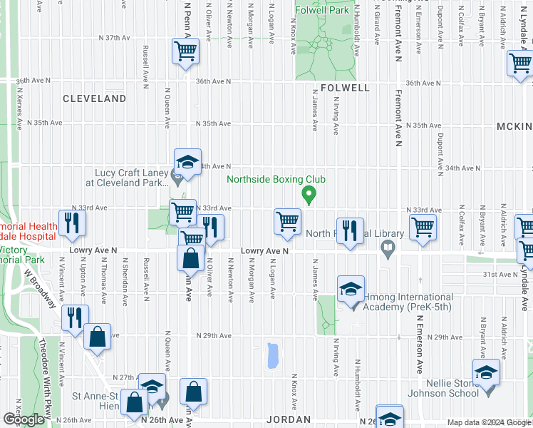 map of restaurants, bars, coffee shops, grocery stores, and more near 3254 North Logan Avenue in Minneapolis
