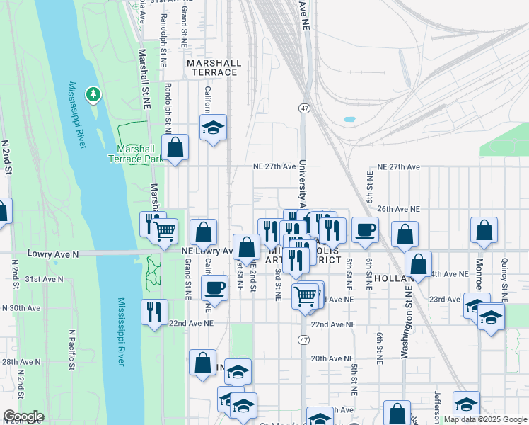 map of restaurants, bars, coffee shops, grocery stores, and more near 2551 26th Avenue Northeast in Minneapolis