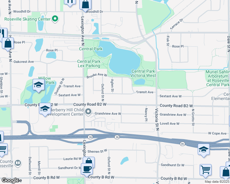 map of restaurants, bars, coffee shops, grocery stores, and more near 2442 Aglen Street in Roseville
