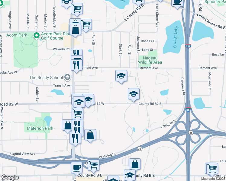 map of restaurants, bars, coffee shops, grocery stores, and more near 15 County Road B2 East in Little Canada