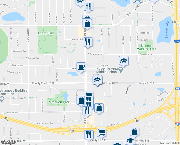 map of restaurants, bars, coffee shops, grocery stores, and more near 2442 Rice Street in Saint Paul