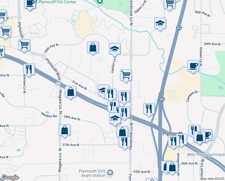 map of restaurants, bars, coffee shops, grocery stores, and more near 3205 Harbor Lane North in Plymouth