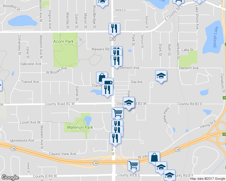 map of restaurants, bars, coffee shops, grocery stores, and more near 2441 Rice St in Roseville