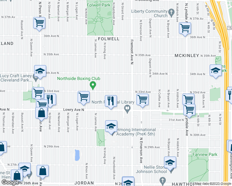 map of restaurants, bars, coffee shops, grocery stores, and more near 3250 Humboldt Avenue North in Minneapolis