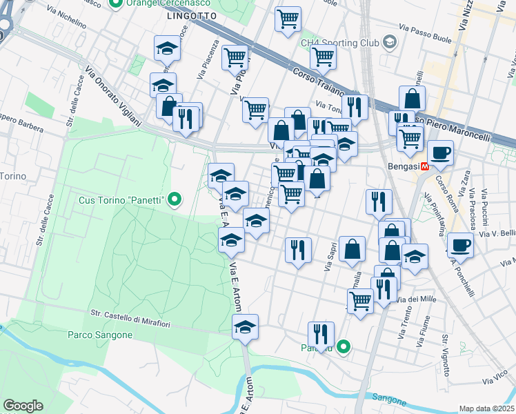 map of restaurants, bars, coffee shops, grocery stores, and more near in Torino