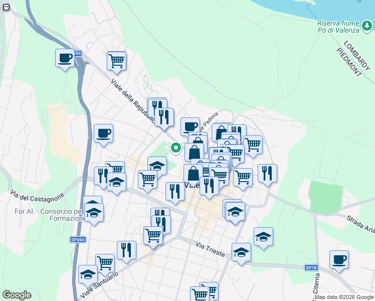 map of restaurants, bars, coffee shops, grocery stores, and more near 2 Viale della Repubblica in Valenza
