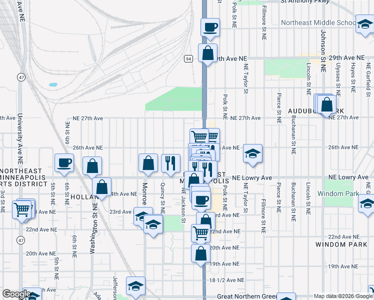 map of restaurants, bars, coffee shops, grocery stores, and more near 902 26th Avenue Northeast in Minneapolis