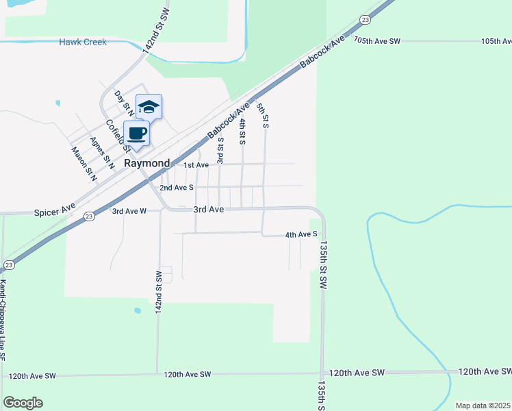 map of restaurants, bars, coffee shops, grocery stores, and more near 506 3rd Avenue in Raymond