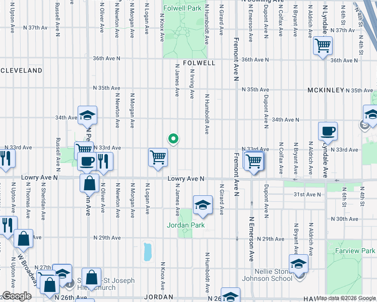 map of restaurants, bars, coffee shops, grocery stores, and more near 3255 North Irving Avenue in Minneapolis