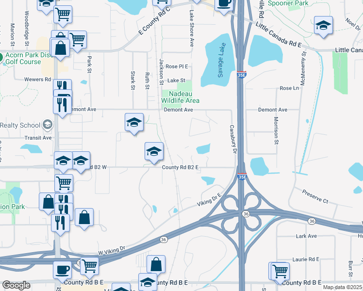 map of restaurants, bars, coffee shops, grocery stores, and more near 165 County Road B2 East in Saint Paul