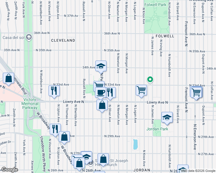 map of restaurants, bars, coffee shops, grocery stores, and more near 3255 North Oliver Avenue in Minneapolis