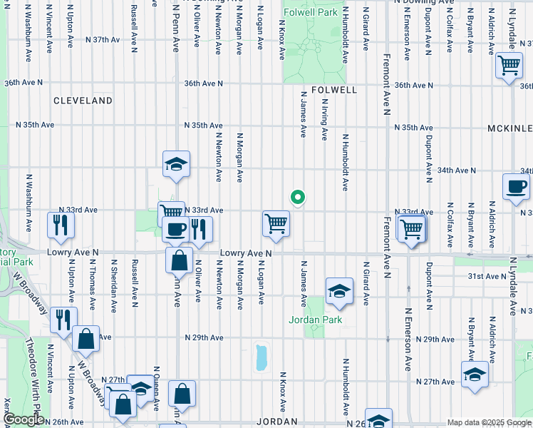 map of restaurants, bars, coffee shops, grocery stores, and more near 3254 North Logan Avenue in Minneapolis
