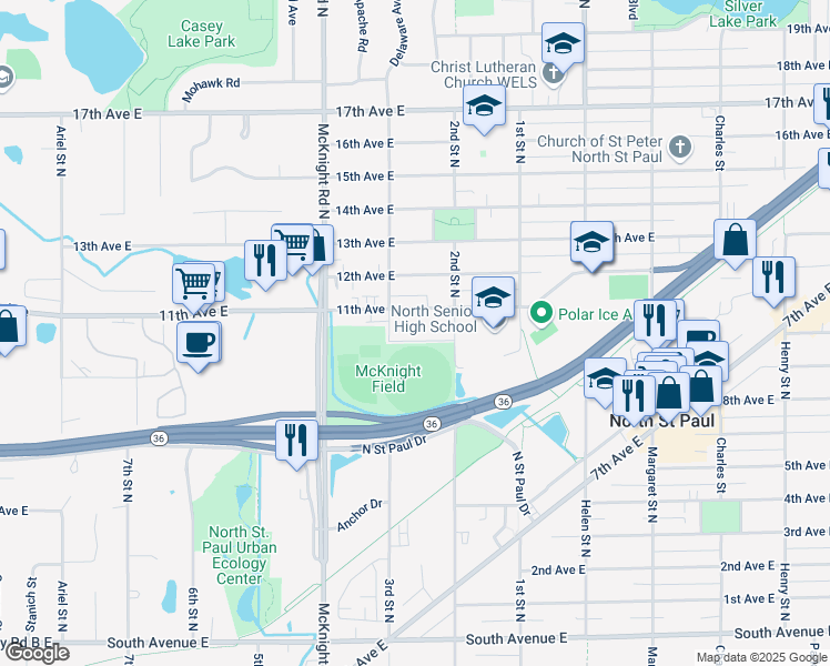 map of restaurants, bars, coffee shops, grocery stores, and more near 2343 10th Avenue East in North Saint Paul