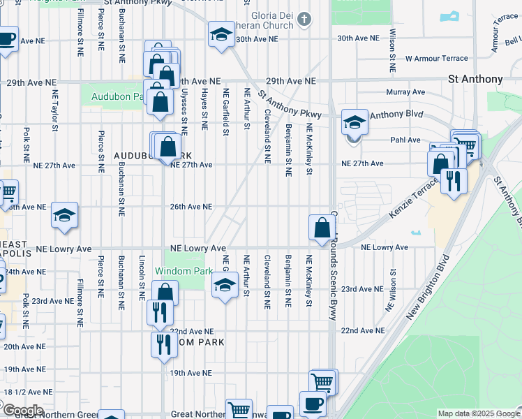 map of restaurants, bars, coffee shops, grocery stores, and more near 58 26th Avenue Northeast in Minneapolis