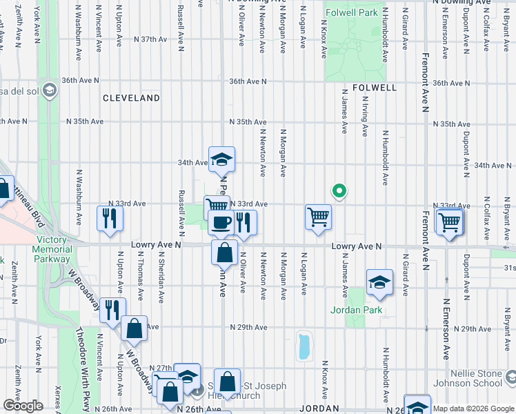 map of restaurants, bars, coffee shops, grocery stores, and more near 3259 North Newton Avenue in Minneapolis