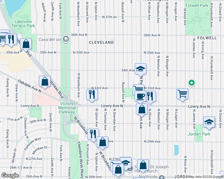 map of restaurants, bars, coffee shops, grocery stores, and more near 3256 North Sheridan Avenue in Minneapolis
