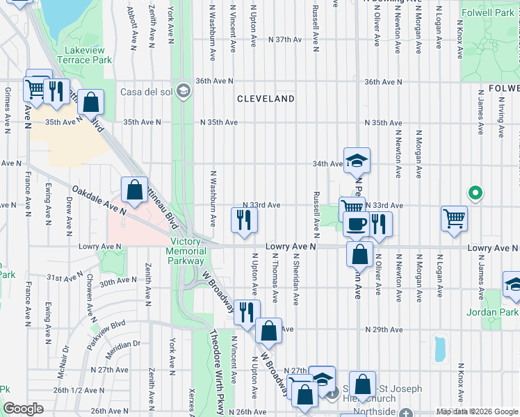 map of restaurants, bars, coffee shops, grocery stores, and more near 3259 North Upton Avenue in Minneapolis