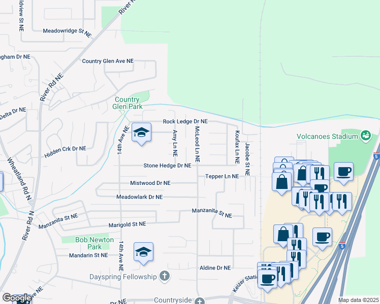 map of restaurants, bars, coffee shops, grocery stores, and more near 6604 Rim Rock Court Northeast in Keizer