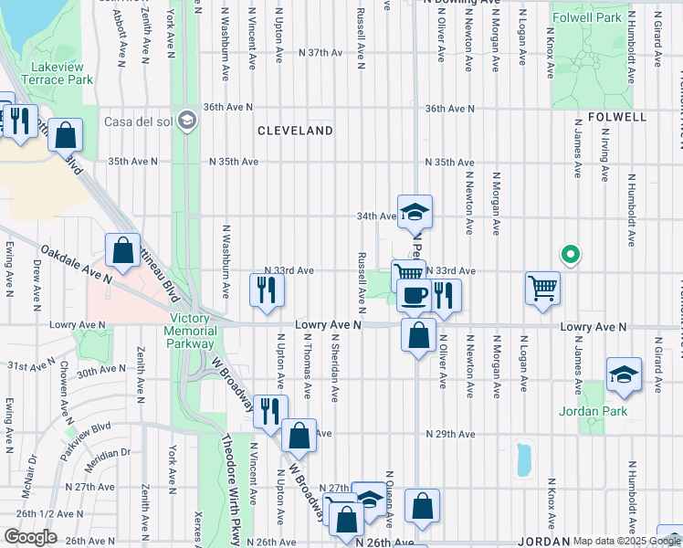 map of restaurants, bars, coffee shops, grocery stores, and more near 3256 North Sheridan Avenue in Minneapolis