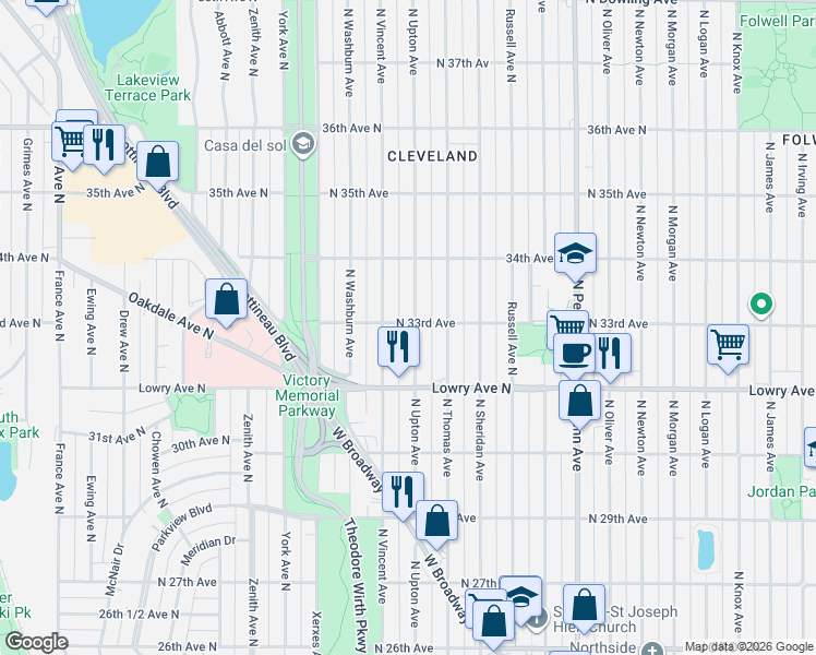 map of restaurants, bars, coffee shops, grocery stores, and more near 3259 North Upton Avenue in Minneapolis