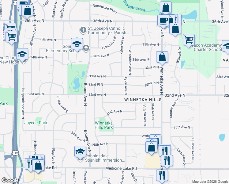 map of restaurants, bars, coffee shops, grocery stores, and more near 8400 32nd Avenue North in Minneapolis