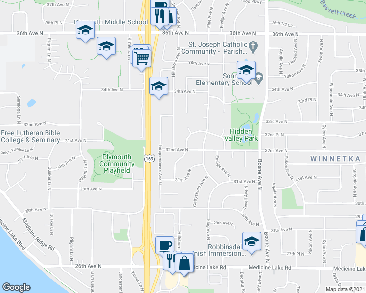 map of restaurants, bars, coffee shops, grocery stores, and more near 3201 Gettysburg Avenue North in Minneapolis