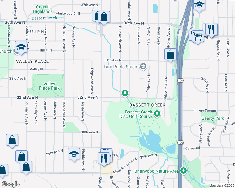 map of restaurants, bars, coffee shops, grocery stores, and more near 3209 Brunswick Avenue North in Minneapolis