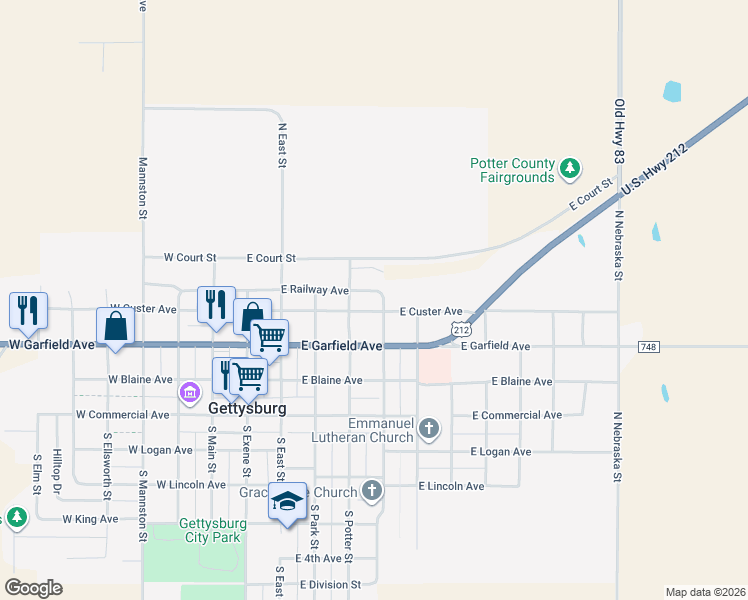 map of restaurants, bars, coffee shops, grocery stores, and more near 401 North Broadway Street in Gettysburg