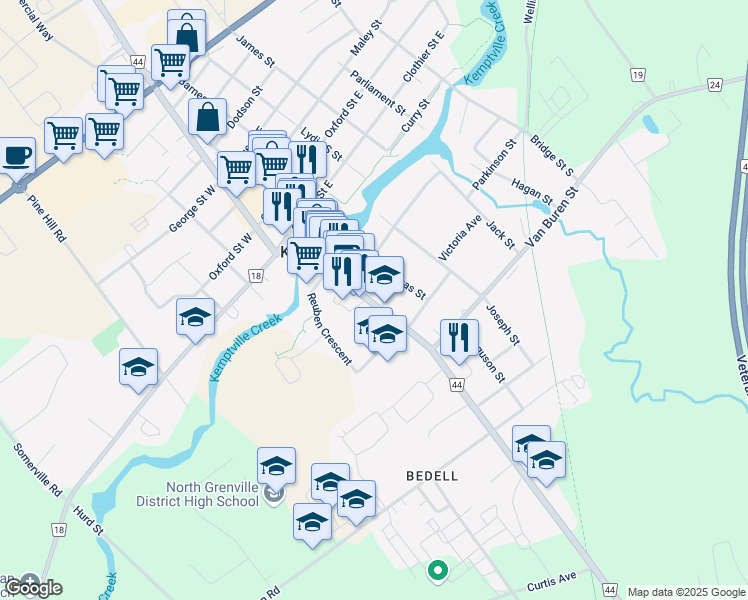 map of restaurants, bars, coffee shops, grocery stores, and more near 223 Prescott Street in Kemptville