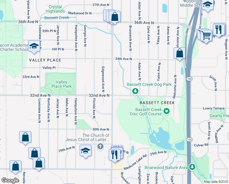 map of restaurants, bars, coffee shops, grocery stores, and more near 3200 Douglas Drive North in Crystal