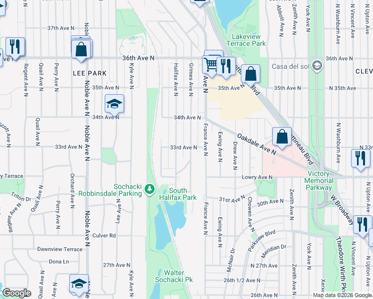 map of restaurants, bars, coffee shops, grocery stores, and more near 3257 Grimes Avenue North in Minneapolis