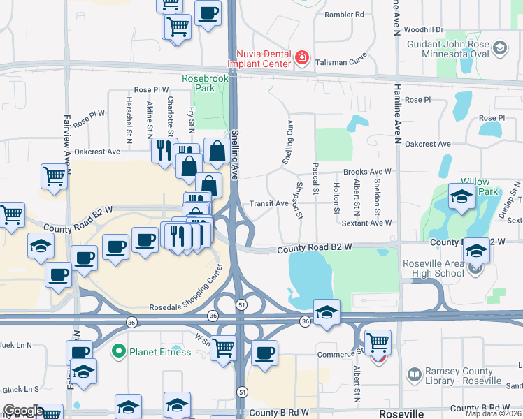 map of restaurants, bars, coffee shops, grocery stores, and more near 1535 Sextant Avenue West in Roseville