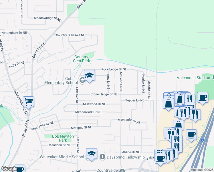 map of restaurants, bars, coffee shops, grocery stores, and more near 6611-6613 Amy Lane Northeast in Keizer