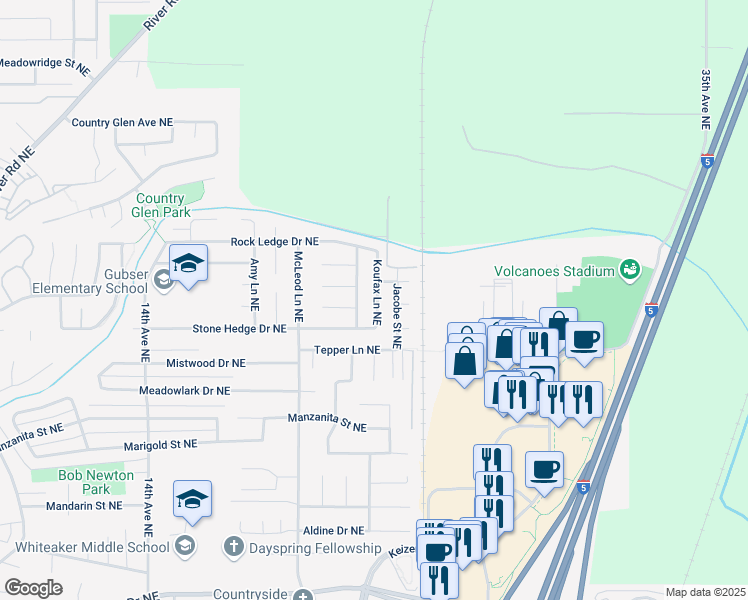 map of restaurants, bars, coffee shops, grocery stores, and more near 6621 Koufax Lane Northeast in Salem