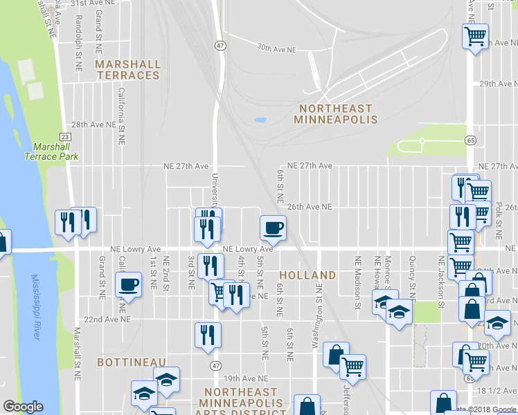 map of restaurants, bars, coffee shops, grocery stores, and more near 5th Street Northeast in Minneapolis