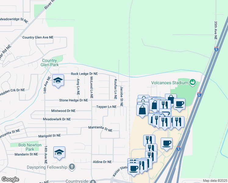 map of restaurants, bars, coffee shops, grocery stores, and more near 6621 Koufax Lane Northeast in Keizer