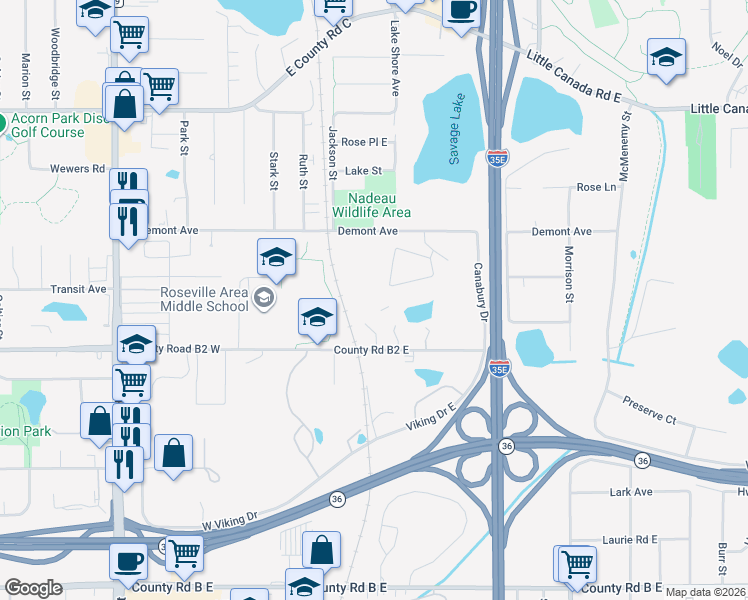 map of restaurants, bars, coffee shops, grocery stores, and more near 165 County Road B2 East in Saint Paul